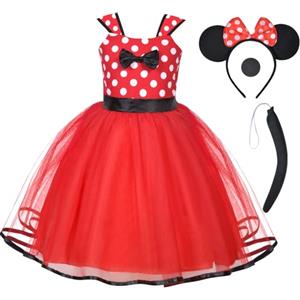 ACWOO Ragazza Minnie Pois Abito da Principessa Costumes, 4 Pezzi Vestito Minnie Bambina con Naso, Fascia per Orecchie, Coda, Vestito Bambina per Cosplay, Carnevali, Halloween, Natale