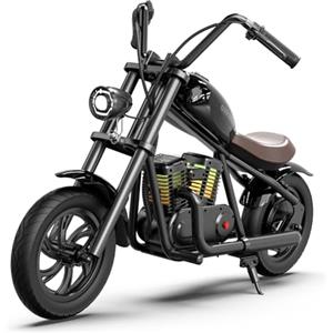 HYPER GOGO Motocicletta elettrica per bambini, HYPER GOGO Moto Elettrica con luce ambientale colorata, Modalità di Velocità 8/12/16 KMH, Pneumatici pieni da 12, 16KM Long-Range per bambini/adolescenti (Nero)