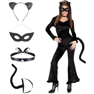 Sprinlot Costume Gatto Donna, 4 Pcs Orecchie Da Gatto Maschera, Accessori Costume Gatto Donna, Orecchie Da Gatto, Collana Di Gatti A Coda, Accessori Per Travestimento Costume Carnevale Halloween Festa