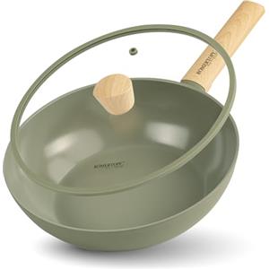 Römertopf Wok 28 cm con Coperchio in Vetro - Padella Wok in Alluminio Antiaderente per Saltare e Cuocere al Vapore, Verde, senza PFAS, tradizione dal 1967