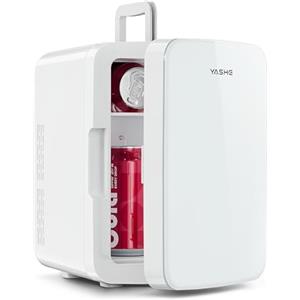 YASHE Mini Frigorifero, 10 Litri/12 Lattine Frigorifero per la Cura della Pelle per Camera da Letto, 110V AC/12V DC Termoelettrico Refrigeratore e Scaldavivande per Bevande, Ufficio, Auto, Bianco