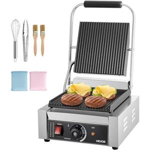 VEVOR Piastra Elettrica per Panini Professionale, 1800 W, in Acciaio Inox con Maniglia e Controllo della Temperatura, Piastra Smaltata Scanalata Piatta da 22 x 23 cm, per Bistecche, Pancetta