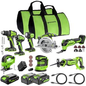 Greenworks 24V 8pcs combo (Trapano, Avvitatore a percussione, Sega circolare, Sega alternativa, Sega a calare, Utensile multifunzione, Levigatrice, Torcia) Include batteries, caricatore CK381