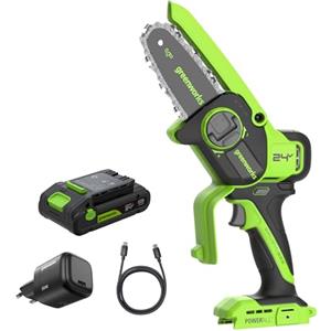 Greenworks 10cm Motosega a Batteria 24V Senza Spazzole, Mini Motosega Senza Fili con Sistema di Olio Automatico, Sega Elettrica con Batteria da 2 Ah e Caricatore USB C da 30 W
