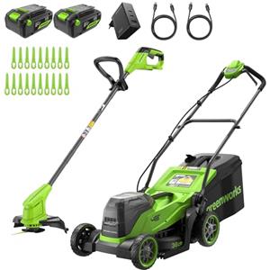 Greenworks 48V (24V x 2) Tagliaerba a batteria,larghezza di taglio 36 cm, fino a 400 m², e Tagliabordi senza fili con testa di alimentazione automatica, con 1 batteria 4Ah e caricabatteria