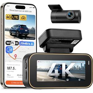 70mai A810 Lite Dash Cam Auto 4K, Doppia Telecamera Auto Senza scheda SD | Support 4G LTE, F1.55, Visione Notturna, Parcheggio 24/7, Supercondensatore, Sensore G, WiFi 6(25MB/s)