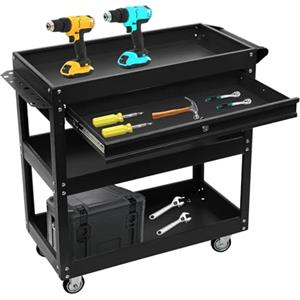 HINOPY Carrello da officina, 3 scomparti, carrello degli attrezzi, banco da lavoro con cassetti e chiudibile, mobile in metallo per officine, garage, magazzini, cantieri (nero)