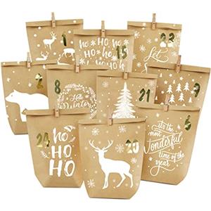 Gallop Chic Sacchetti per calendario dell'Avvento, da riempire, per calendario dell'Avvento, sacchetti di carta kraft da riempire, 24 sacchetti regalo stampati per bambini e adulti