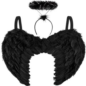 REDSTAR Ali Angelo Nero con Aureola, Ali Nere Piume Adulto, Costume Halloween Donna | Ali da angelo nere in piume, circa 55 x 40 cm, con cerchietto aureola in piume nere: il set per un costume angelo nero