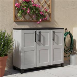 Dmora - Armadio da esterno Pelt, Armadio balcone multiuso, Mobile outdoor 3 ante, 100% Made in Italy, 102x37h90 cm, Grigio chiaro e Nero, Finitura quadri