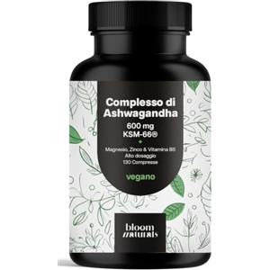 Bloom Naturals Beauty Supplements Ashwagandha KSM-66, 130 Compresse Vegane, Magnesio, Zinco e Vitamina B6