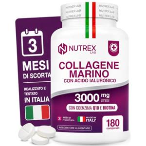 Nutrex Lab NutrexLab Collagene Marino e Acido Ialuronico 3000mg Alto Dosaggio 180 cpr | 3 Mesi Fornitura - Capelli, Pelle, Unghie - Con Coenzima Q10, Vitamina C, Zinco e Biotina - Collagene Tipo I, Made in Italy
