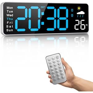 PiKaPiKaP Orologio digitale da parete da 30cm, Alimentato dalla rete Elettrica, Ora e Temperatura Settimana, Bollettino Meteorologico, Timer, Auto-oscuramento, per Soggiorno, Aula, Palestra, Chiesa, Garage