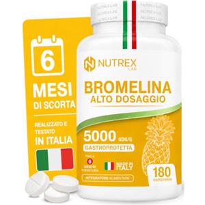 Nutrex Lab NutrexLab Bromelina Extra Forte 5000 GDU/g Gastroprotetta 180 compresse | Alta Attività Enzimatica - Fino a 6 Mesi di Fornitura - Rilascio Intestinale - Senza Glutine, Made in Italy