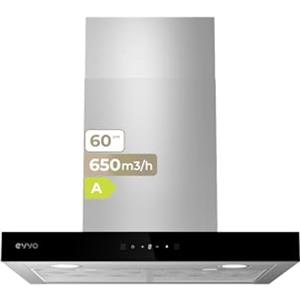 EVVO Cappa aspirante decorativa CE31, larghezza 60 cm, potenza 650 m³/h, 3 velocità, modalità boost, touch con display, timer spento, luce LED, efficienza energetica A, finitura inox bordo nero