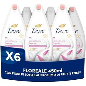 Dove Bagnodoccia Floreale, Idratante Dermo-Naturale, Fiori di Loto e Frutti Rossi, 1/4 Crema Idratante, Dermatologicamente Testato, Bagnoschiuma Uomo e Donna, 100% Bottiglia Riciclata*6 Pezzi x 450ml