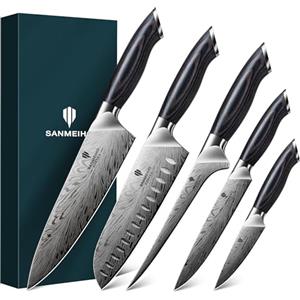 SANMEIHO Set Coltelli Cucina Giapponesi 5 Pezzi Acciaio in Polvere | Set Coltelli da Chef Professionale 63 HRC Ultra Affilato 12°, Manico Ergonomico in Legno Naturale