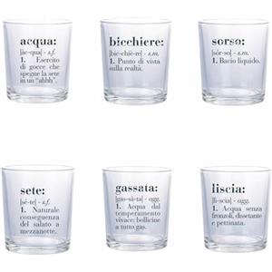Villa d'Este Home Tivoli Set 6 bicchieri acqua in vetro 360 ml, decoro con scritta, Victionary