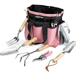 WORKPRO Set di Attrezzi da Giardino Rosa 8 Pezzi, Utensili da Giardino con Borsa da Giardino, Includere Guanti da Giardinaggio, Cesoia da Potatura ecc, Regali da Giardino per Uomo Donna
