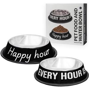 Fisura - Set 2 ciotole per cani in acciaio inox "Happy Hour". Ciotola antiscivolo nero e bianco per cibo 500 ml e acqua 1000 ml. Accessorio per animali domestici resistente e facile da pulire