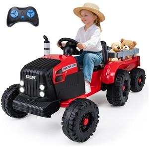 COSTWAY 24V 9Ah Trattore Elettrico per Bambini 3-8 Anni, con Rimorchio | Macchina Elettrica con Rimorchio Staccabile Telecomando Musica Porta USB Fari LED, Partenza Morbida, Doppi Motori, 3,2‑6km/h