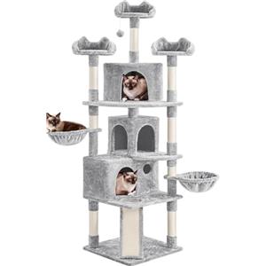 Yaheetech Albero Tiragraffi per Gatti Altezza 194 cm in Truciolato e Corda in Sisal con 3 Casette Rampa e Ceste Multilivello Grigio Chiaro