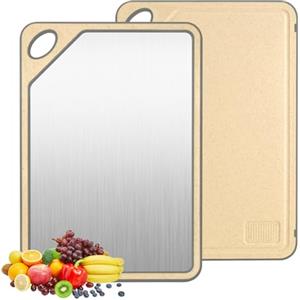 Cozary Tagliere in Acciaio Inox Alimentare,per la Cucina, Acciaio Inox e Paglia di Grano PP(40x28x1cm), Scanalatura per il Succo, Antiscivolo, Per Carne, Verdura, Frutta