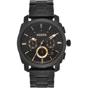 Fossil Orologio Machine da uomo, movimento cronografo al quarzo da 42 mm con cinturino in acciaio inossidabile o in pelle, 42 mm, Nero e oro rosa