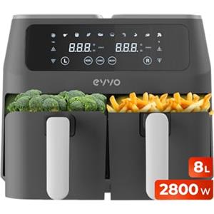 EVVO Friggitrice ad aria senza olio da 8 l, 2800 W, doppio cestino, ciotola antiaderente, tecnologia Dual Cyclone, 10 programmi, cottura, disidrata, scongelamento, fino a 200 gradi (colore: nero)