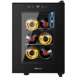 Cecotec Cantina per vino Bolero GrandSommelier 600 CoolCrystal E, Capacità 6 Bottiglie, Ripiani in metallo, Controllo Touch, Temperatura 8-18ºC, Nero