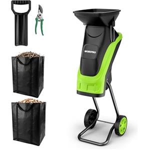 WORKPRO Cippatrice elettrica per legno, 15 Amp 4300 giri/min, trituratore per rami con cavo, diametro di taglio 4,39 cm, doppie lame in acciaio temprato SK5, rapporto di pacciamatura 14:1, trituratore