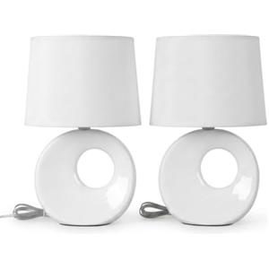 COSE DA CASA Coppia Abat Jour Camera da Letto Set 2 Lumetti Comodino Ceramica Bianca e Paralume in Tessuto Moderni Lampade da Tavolo Attacco Piccolo E14 Max 40W Altezza 27cm per Soggiorno camerette eleganti