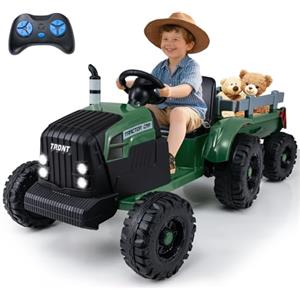COSTWAY 24V 9Ah Trattore Elettrico per Bambini 3-8 Anni, con Rimorchio | Macchina Elettrica con Rimorchio Staccabile Telecomando Musica Porta USB Fari LED, Partenza Morbida, Doppi Motori, 3,2‑6km/h