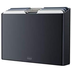 Joseph Joseph Folio - Set di 4 pezzi, Taglieri da cucina in plastica, con custodia porta taglieri- Grande, Grafite/Blu sfumato