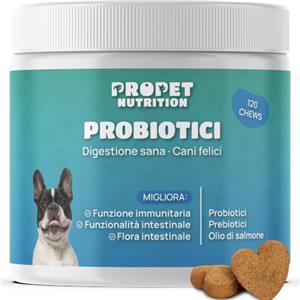 PROPET NUTRITION Probiotici per Cani (360 G.) Fermenti Lattici Cane + Prebiotici + Olio di Salmone. Equilibrio Intestinale e Digestione. 5 Miliardi UFC. 120 Masticativi. Ripristino della Flora Batterica. Gusto pollo