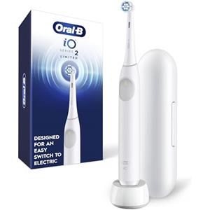 Oral-B iO Series 2 Limited - Spazzolino elettrico ricaricabile, bianco puro, con 1 testina delicata e 1 custodia da viaggio bianca, sensore automatico di pressione per proteggere le gengive, 3