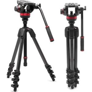 Manfrotto 055 Treppiede Video con Testa Fluida 502, in Fibra di Carbonio, Video-Kit Robusto, con Colonna di Livellamento, Chiusura a Leva, Treppiede per Videocamera e Fotocamere DSLR/Mirrorless
