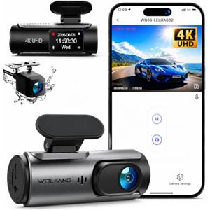 WOLFANG Dash Cam Auto 4K, Doppia WiFi Dashcam per Auto, Telecamera Auto 170° Grandangolo, Visione Notturna,G-Sensor, WDR, Monitor di Parcheggio, Registrazione in Loop