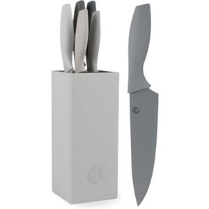 Master Chef MasterChef Set Coltelli da Cucina con Ceppo Universale, Portacoltelli con Lama Affilato per Pane, Carne, Verdure e altro, Acciaio Inox, Prova di Calore, Manici Grigi, 5 Pezzi