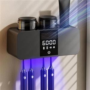 BVI BOOMERVIVI Portaspazzolino UV sterilizzatore, portaspazzolino elettrico con 4 fessure per spazzolini e 2 bicchieri per spazzolini, organizzatore con funzione di asciugatura per bambini e adulti