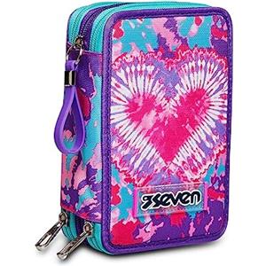 Seven Astuccio Scuola Elementare, 3 scomparti con Matite, Pennarelli, Penne, 3 Zip, Trendy Heart Girl, Bambina e Ragazza, rosa/azzurro
