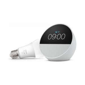 Amazon Echo Spot (Ultimo modello) con Alexa+, Bianco Ghiaccio + Philips Hue White Lampadina LED Smart (E27), Bundle Illuminazione Intelligente con Controllo Vocale