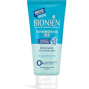 Bionsen, Scrub & Doccia 2 in 1, Oligominerali Termali Giapponesi, Esfoliante, Deterge e Leviga, Per Tutti i Giorni, Con Minerali Attivi, Pelle Luminosa, Formula Dermotestata, Senza Siliconi, 6x250ml