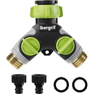 Ibergrif M22205 Distributore di irrigatori a 2 vie, sdoppiatore per tubi, con interruttore di controllo, Flusso d'acqua a 2 o 1 vie Funziona contemporaneamente, Grigio/Nero