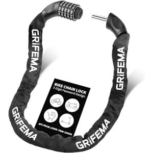 GRIFEMA GAK1201-9 Lucchetto antifurto per bicicletta, lucchetto a catena con combinazione a 5 cifre per biciclette, motociclette, scooter, 90 cm, nero
