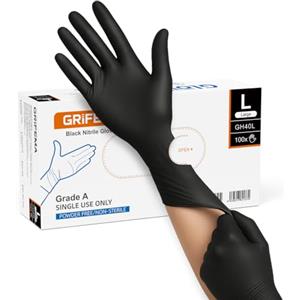 GRIFEMA Guanti Nitrile Neri 100 Pezzi, Monouso Senza Polvere e Lattice | Uso Alimentare, Cucina, BBQ Pulizie, Tatuaggi, Bellezza, Alta Sensibilità Tattile, Effetto Seconda Pelle, EN 455/374, Size L