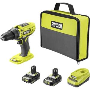 Ryobi Trapano a Percussione 18V con 2 Batterie 2.0 Ah, Caricabatterie, Set Inserti e Borsa, Coppia 50 Nm, Mandrino 13 mm, 2 Velocità, Compatto e Potente, R18PD32-2C20SP