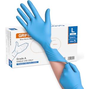 GRIFEMA Guanti Nitrile Blu 100 Pezzi, Monouso Senza Polvere e Lattice | Uso Alimentare, Cucina, BBQ Pulizie, Tatuaggi, Bellezza, Alta Sensibilità Tattile, Effetto Seconda Pelle, EN 455/374-Size L
