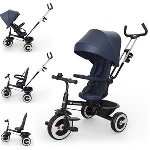 kk Kinderkraft Kinderkraft ASTON 2 PRO Triciclo bambini dai 9 Mesi fino 25 kg, Passeggino con Maniglione regolabile, Bici, Sedile girevole Fronte Mamma e Strada, Cappottina pieghevole, Ruota libera, Blu