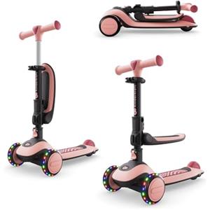 kk Kinderkraft Kinderkraft HALLEY 2 Monopattino 2 in 1, Sedia Regolabile (25-33 cm), Manubrio 4 Altezze, Sterzo a Bilanciamento, Ruote LED, Pieghevole, Dai 18 Mesi, Rosa